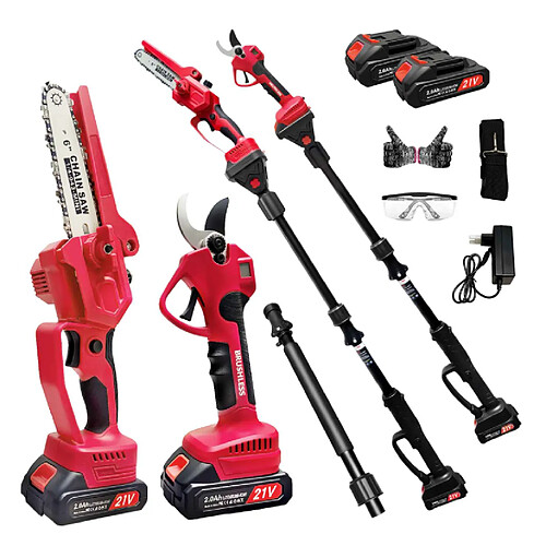 Generic Home Kit Jardinage 4-en-1 sans Fil 21V : Tronçonneuse + Sécateur Télescopique 240cm