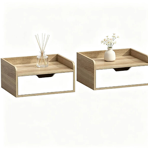STILVORA Lot de 2 tables de chevet murales avec tiroir naturel et blanc