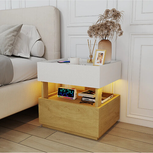STILVORA Table de chevet industrielle 2 tiroirs LED blanc et naturel