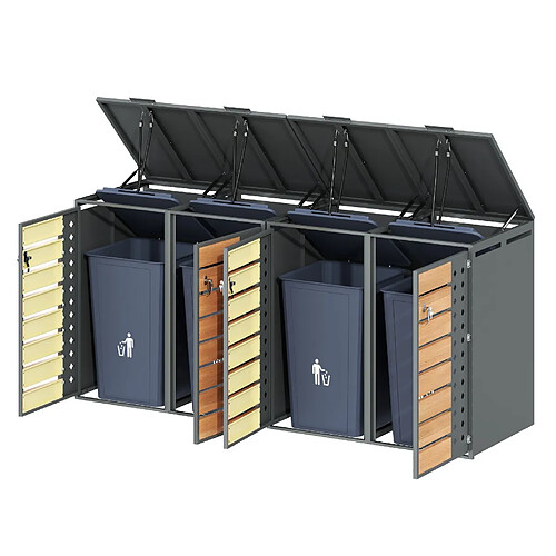 STILVORA Cache-poubelles extérieur 4 compartiments acier galvanisé gris effet bois