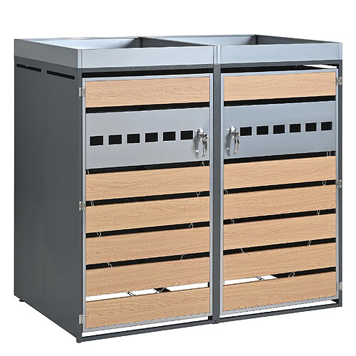 STILVORA Cache-poubelles double acier galvanisé gris décor bois avec bacs à plantes