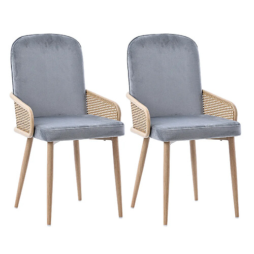 STILVORA Lot de 2 chaises de salle à manger en velours gris, design rotin