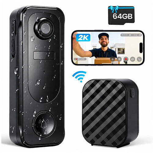 Sonnette Sans Fil avec Caméra 2K– Carte 64G Offerte – IP65 Étanche, Détection PIR Humaine, Vision Nuit, Audio Bidirectionnel
