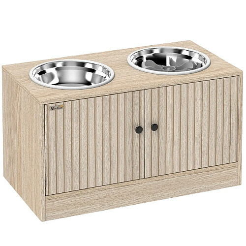 STILVORA Station repas surélevée 2 gamelles inox, chêne, 60 x 30 cm