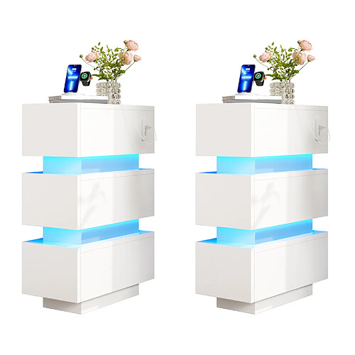 STILVORA Chevets blancs 20 x 40 x 59,5 cm, USB, LED, 3 tiroirs, lot de 2