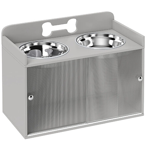 STILVORA Station repas surélevée grise, 2 gamelles inox et rangement 60 cm