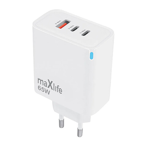 Maxlife Chargeur Secteur GaN 65W PD avec 2 USB-C 65W et 1 USB-A 36W Ultra-Rapide Blanc
