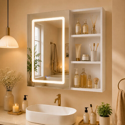 Proximax Armoire Miroir Salle de Bain LED 60x60 cm avec Éclairage 3 Couleurs, Anti-Buée, Rangement Latéral, Miroir Mural Tactile
