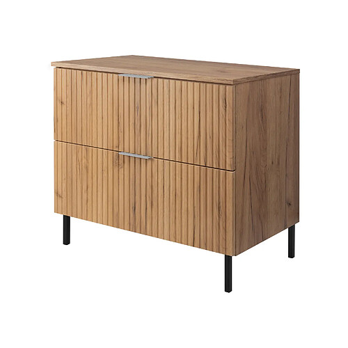 3XELIVING Meuble vasque, chêne craft, 80 x 77 x 46 cm, poign. argentée, pieds noirs + plan de travail
