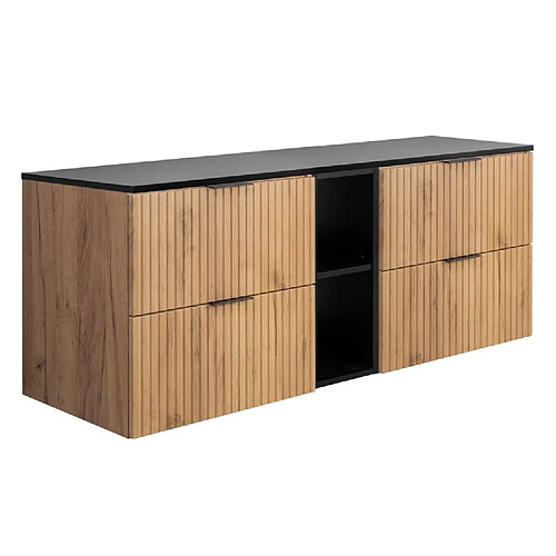 3XELIVING Meuble vasque, Chêne craft/Noir + poign. noire, 140 (2 x 60 + 20) x 57 x 46 cm + plan