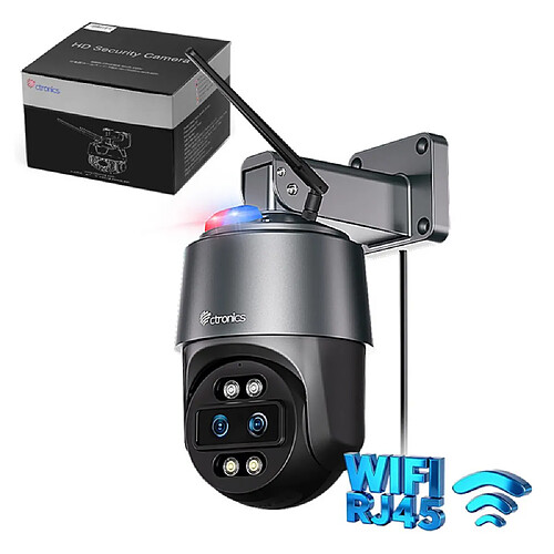 CTRONICS Caméra PTZ Extérieure 4MP - 180° - WiFi 2.4/5 GHz - Zoom Hybride - 256 Go - Noir