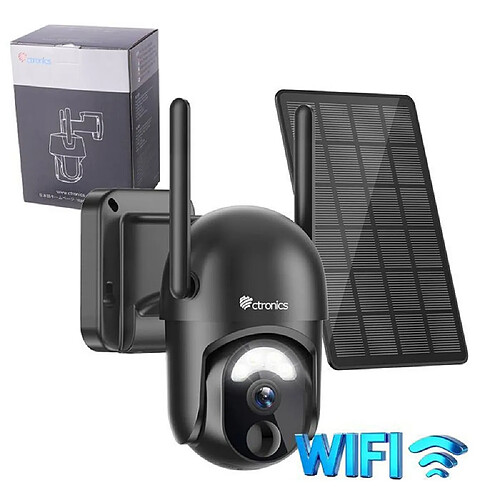 Ctronics CTR0NICS 2K Solar WiFi PTZ - Vision nocturne couleur - Détection humaine PIR - IP66 - TF 128 Go