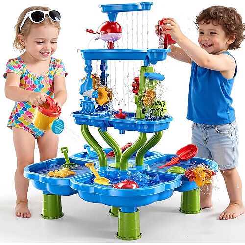 PORSILD FINESSTIQUE Jeux de sable - 4 Niveaux Table de Jouet de plage avec de nombreux accessoires - jouet d'été pour filles et garçons de 3 4 5 6 ans