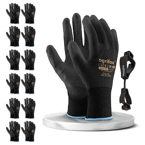 Ogrifox Lot de 12 paires de gants de travail avec revêtement PU (M-8, noir)