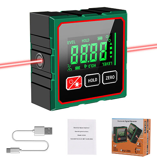 Niveau laser 3-en-1 avec inclinomètre numérique – 4 aimants, USB-C, écran LCD – pour intérieur et extérieur – en ° / %