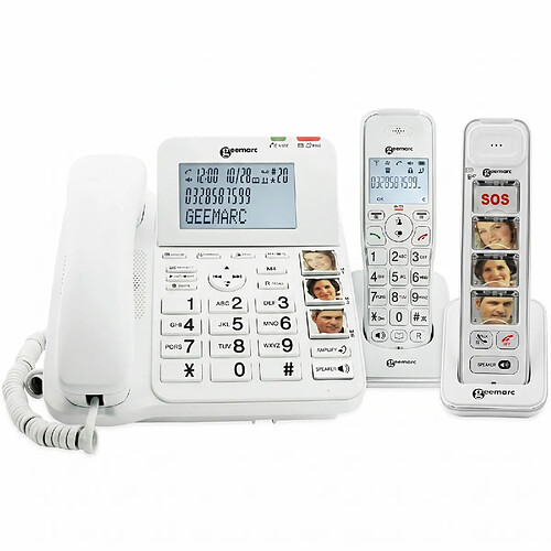 Geemarc Pack Trio Téléphone Fixe Senior 295 Amplifié 30 dB avec Répondeur Intégré Blanc