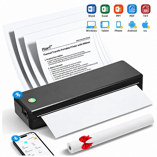 Imprimante Thermique Portable A4 sans Encre - Connexion Bluetooth, 2600mAh, Compatible PC/Mac/iOS/Android (A4/B5/A5/A6)