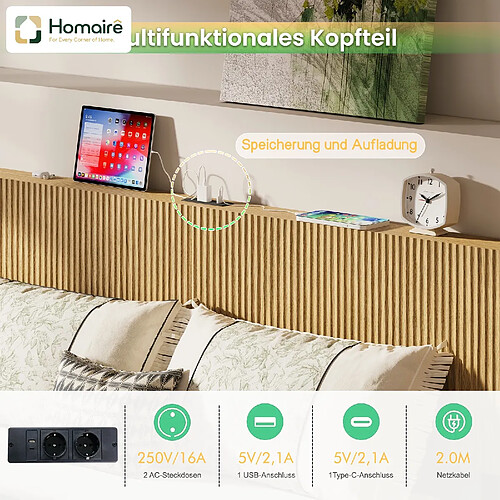 HOMAIRE Lit naturel en fer et panneau de particules de 210.5 x 144 x 99.7 cm