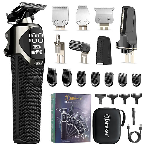 Hatteker HT-6186 Kit coiffure 6-en-1 comprenant tondeuse cheveux et tondeuse précision, sans fil, 6 500/7 000 tr/min, IPX6