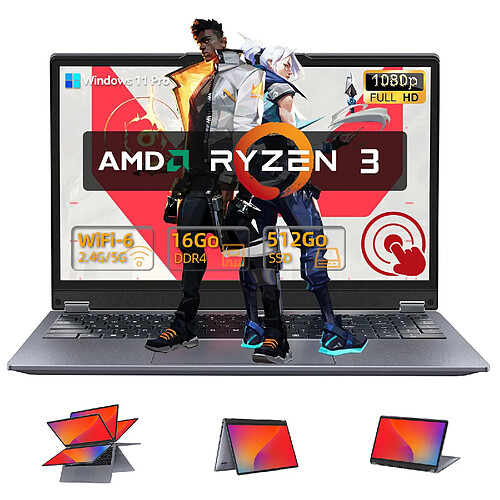 VANWIN PC Portable 15,6" Tactile 360° - Ryzen 3 3200U - 16Go RAM - 512Go SSD - RJ45 - Win 11 Pro