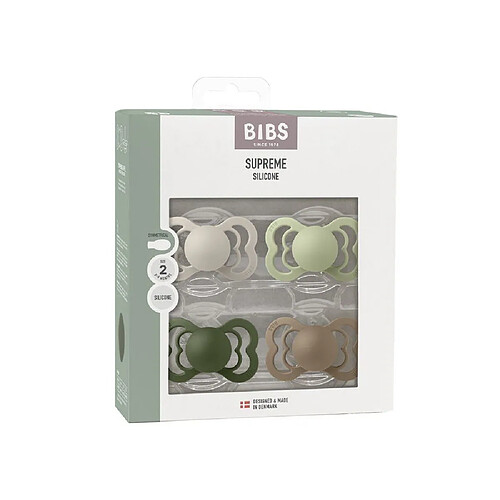 BIBS Supreme - Lot de 4 sucettes bébé symétriques silicone T2 - Sable Sauge & Vert Chasseur