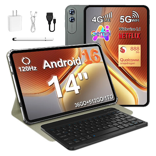 VANWIN Tablette 14" Android 16 - Snapdragon 888 2.84GHz - 36Go+512Go - 4G LTE Dual SIM - Étui