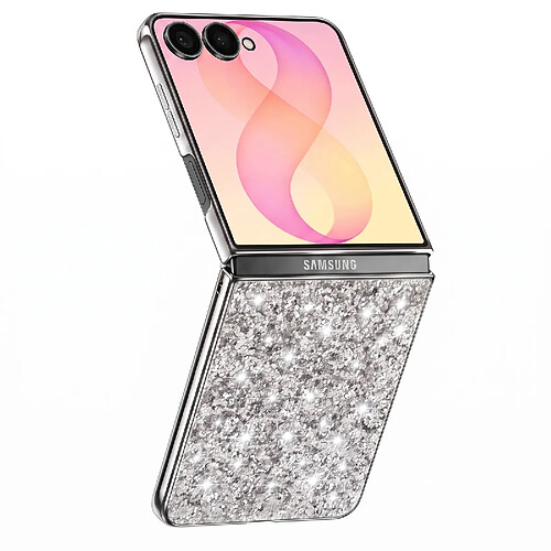 Avizar Coque pour Samsung Galaxy Z Flip 8 Pailletée avec Contour Chromé Argent