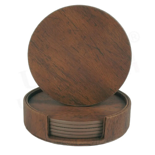 INF Pack de 6 sous-verres ronds en cuir PU avec supports Brown