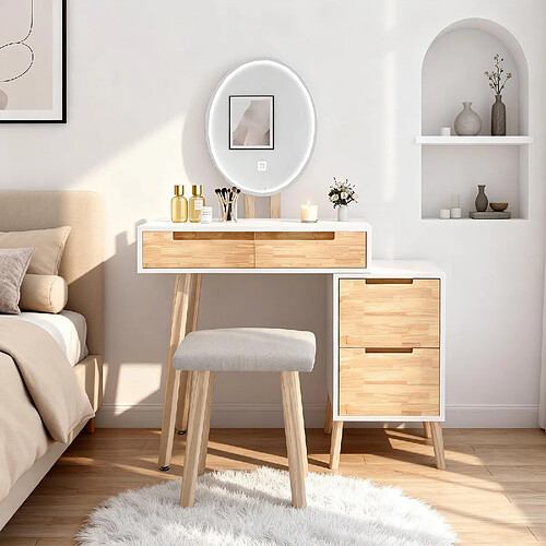 Coiffeuse-Puluomis--Miroir ovale LED 3 modes, caisson mobile,4 tiroirs,tabouret rembourré-Blanc