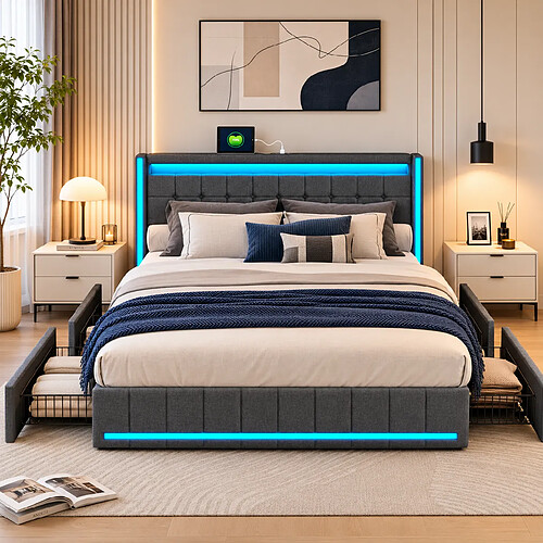 MEXUS Lit Double 140x190 cm avec LED et USB, 4 Tiroirs, Lit adulte de Tiroir, Lin, Gris Foncé