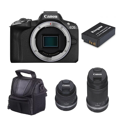 Canon EOS R50 : objectifs RF-S 18-45 mm et RF-S 55-210 mm (noir) Kit + sac photo + Kingma LP-e17 Batterie