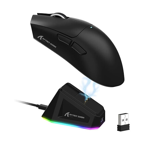 Attack Shark X11 Souris gaming sans fil avec station de charge magnétique RGB, connexion tri-mode, noire