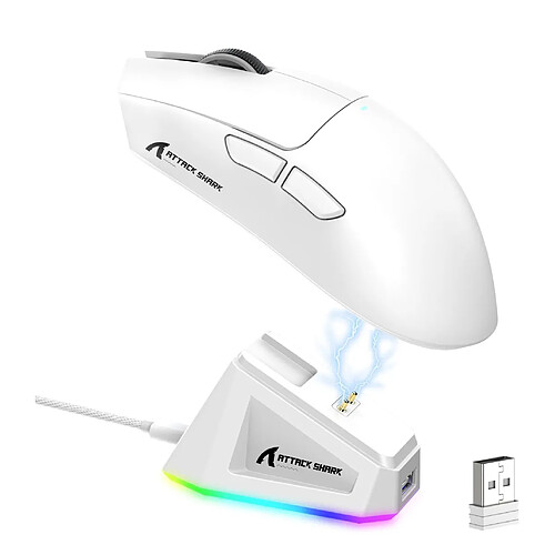 Attack Shark X11 Souris gaming sans fil avec station de charge magnétique RGB, connexion tri-mode, blanche