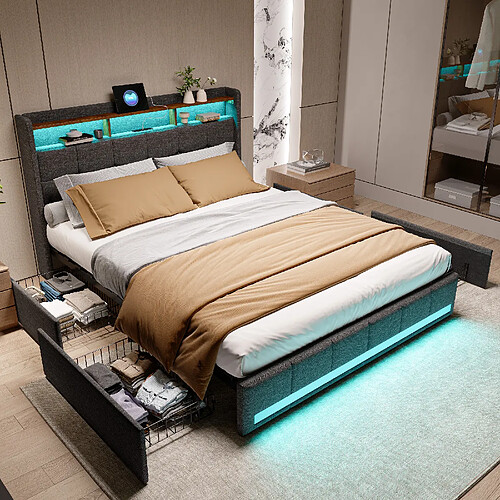 Lit 180x200 Sommier LED et 2 USB, Type-C, Lit Capitonné Lit Double avec 4 Tiroirs, Lin, Gris