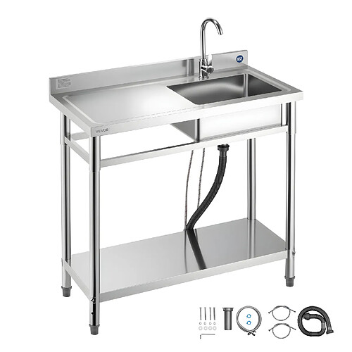 VEVOR SS100-2 - 100x50x94 cm - Inox - Cuve unique - Robinet 360° - Tablette réglable
