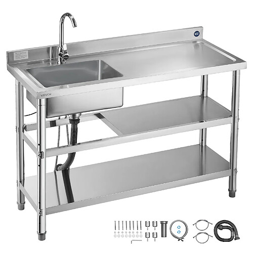 VEVOR SS1200-2 - Acier inoxydable - 120x50x94 cm - Cuve unique - Robinet 360°