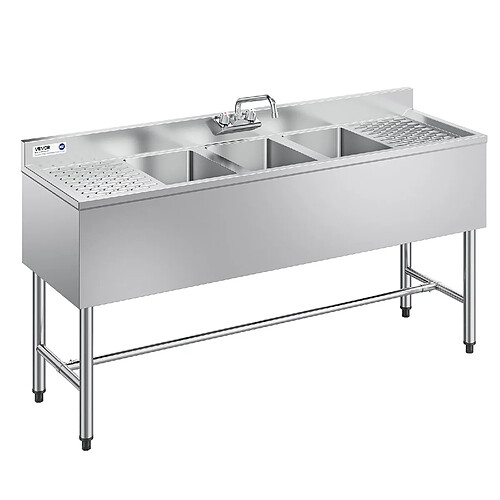 VEVOR JC-BAR-3B60-LR-320 - Inox 304 - 1524 x 470 x 838 mm - 3 cuves - Double égouttoir