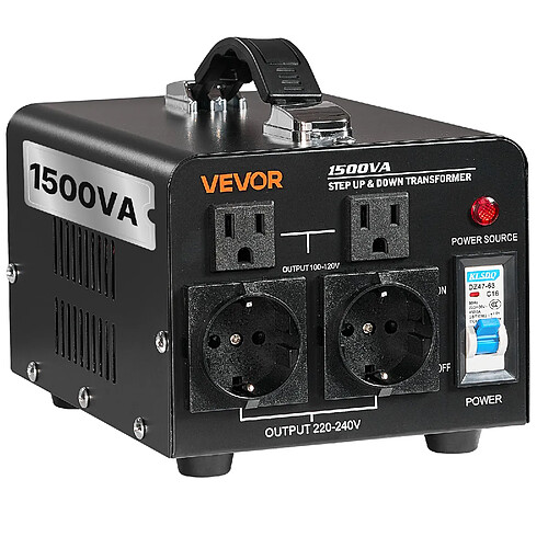 VEVOR HYOG-1500VA - 1500 VA - Commutable 110 V/220 V - 2 prises US, 2 prises EU - Cordon UE