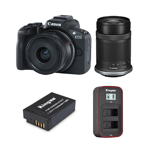 Canon EOS R50 RF-S 18-45mm + RF-S 55-210mm (noir) + batterie Kingma 1040mAh (Canon LP-E17) kit