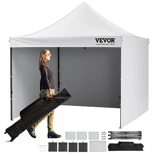 VEVOR Tonnelle Pop-up 304,8x304,8 cm - Blanc - Bâche PU 250D - Structure acier - Parois amovibles - Sac à roulettes - 4 sacs de sable