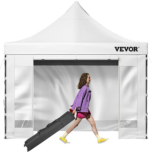 VEVOR Tonnelle pop-up 3 x 3 m - Blanc - Polyester/PVC - Sac à roulettes - Parois transparentes