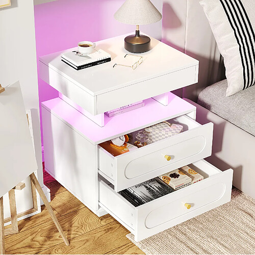 MIVRAY Table de chevet LED avec 2 tiroirs, niche ouverte, blanc