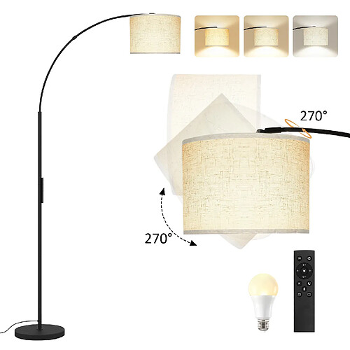 Lampadaire à arc - Puluomis - abat-jour lin 270° orientable, télécommande + pédale, température de couleur variable, minuterie 1h - Noir