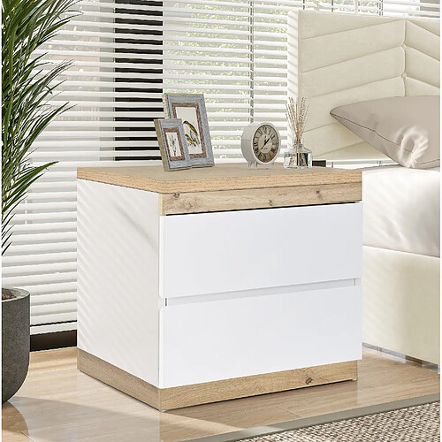 MIVRAY Table de chevet 2 tiroirs blanc et chêne, 55 x 40 x 55 cm