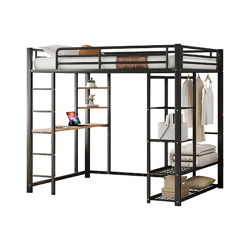 modfu Lit mezzanine 140x200 cm avec bureau, penderie et étagères noir