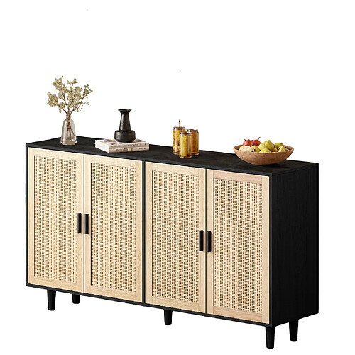 modfu Cabinet de rangement 4 portes en rotin 158 cm noir