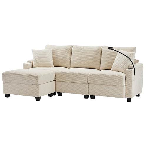 modfu Canapé d’angle L convertible 3/4 places Beige, avec repose-pieds