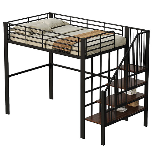 modfu Lit mezzanine 140 x 200 en métal noir avec bureau et rangement