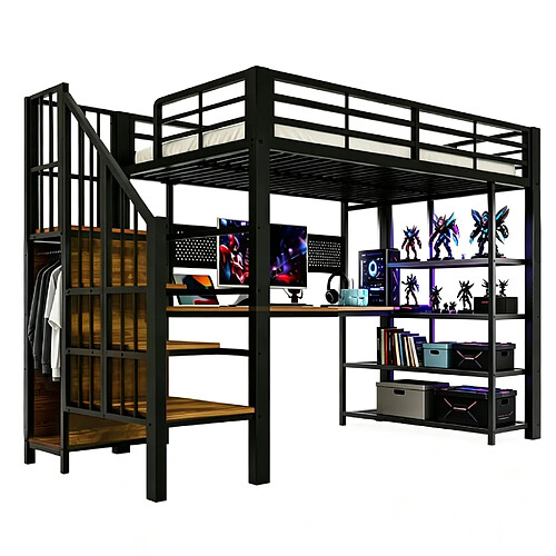 modfu Lit mezzanine 90x200 cm noir avec bureau, LED et prise