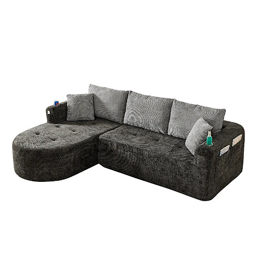 modfu Canapé d'angle L noir 3 places, sans montage, porte-gobelet inox